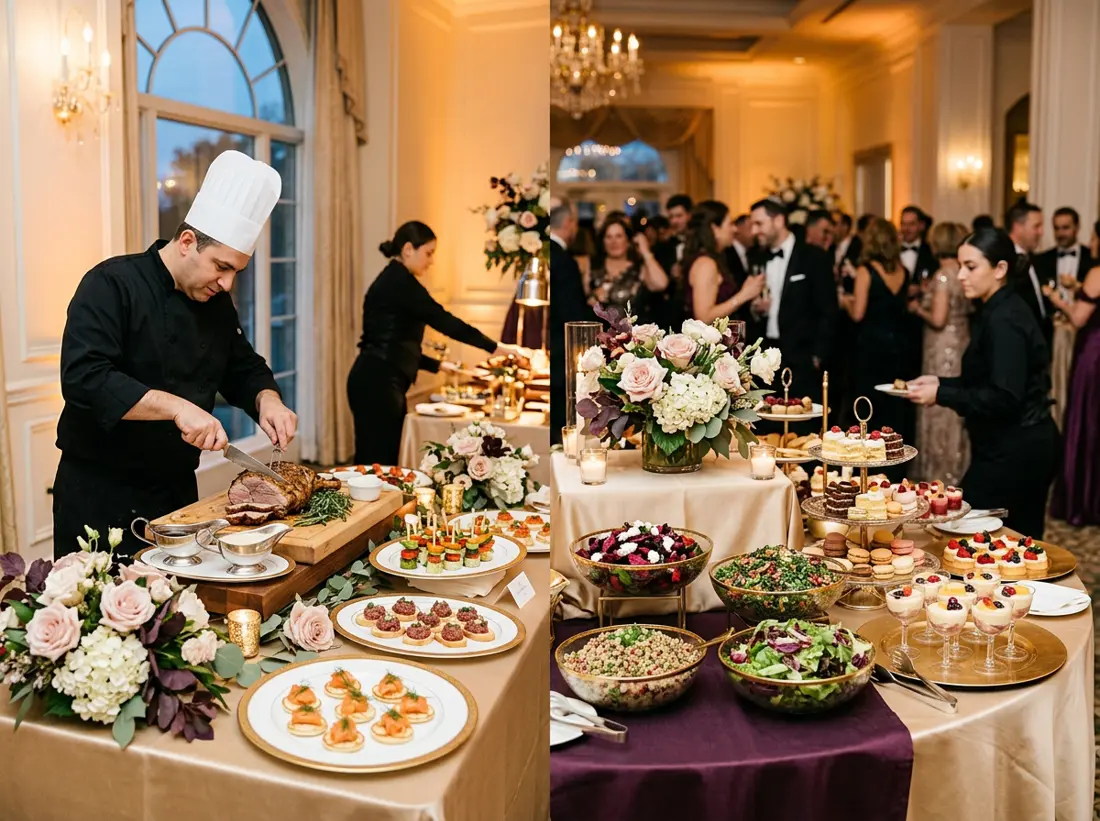 Chef carving at an elegant kosher catering buffet with plated hors d'oeuvres and desserts