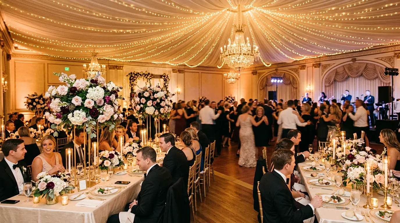 Candlelit ballroom celebration with tall floral centerpieces and a full dance floor